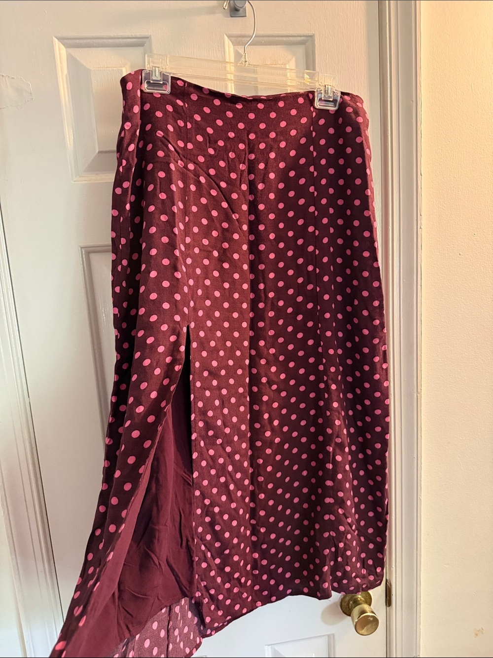 Anthropologie Maroon A-Line Skirt with Pink Polka Dots - Picture 4 of 7